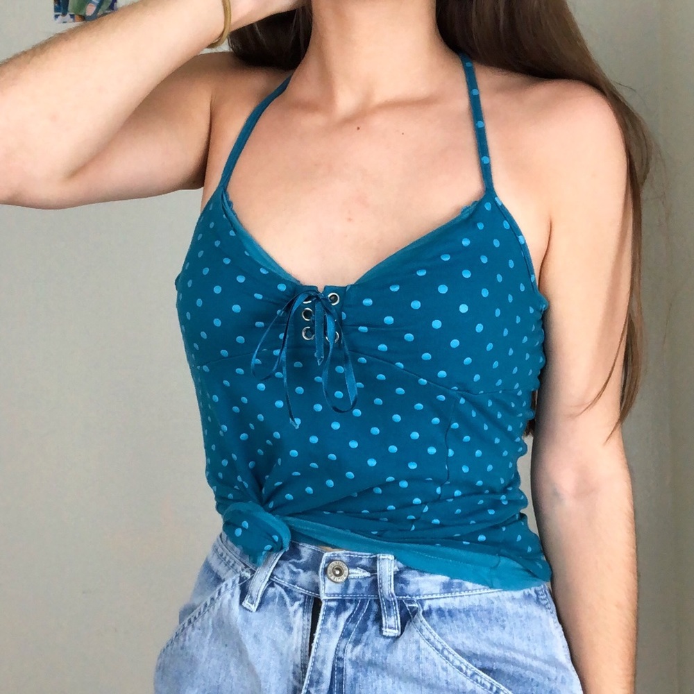 SOLD🎁 BLUE POLKA DOT LACE UP CAMI